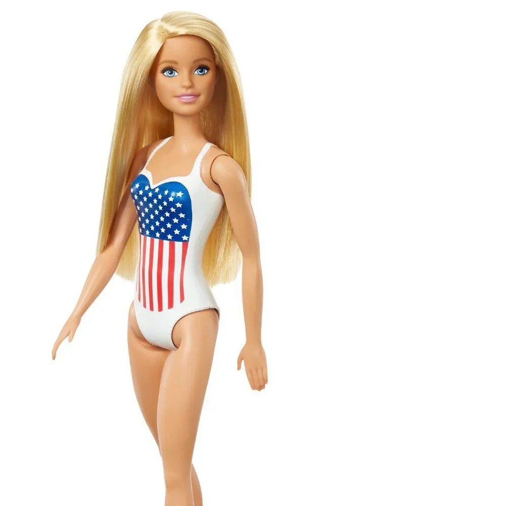 NEW Barbie Beach Doll Blonde Hair USA Flag Swimsuit Easter Basket gift stocking
